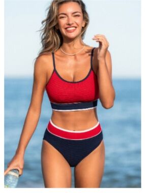 Cupshe Red & Navy Sporty High-Waist Bikini Set